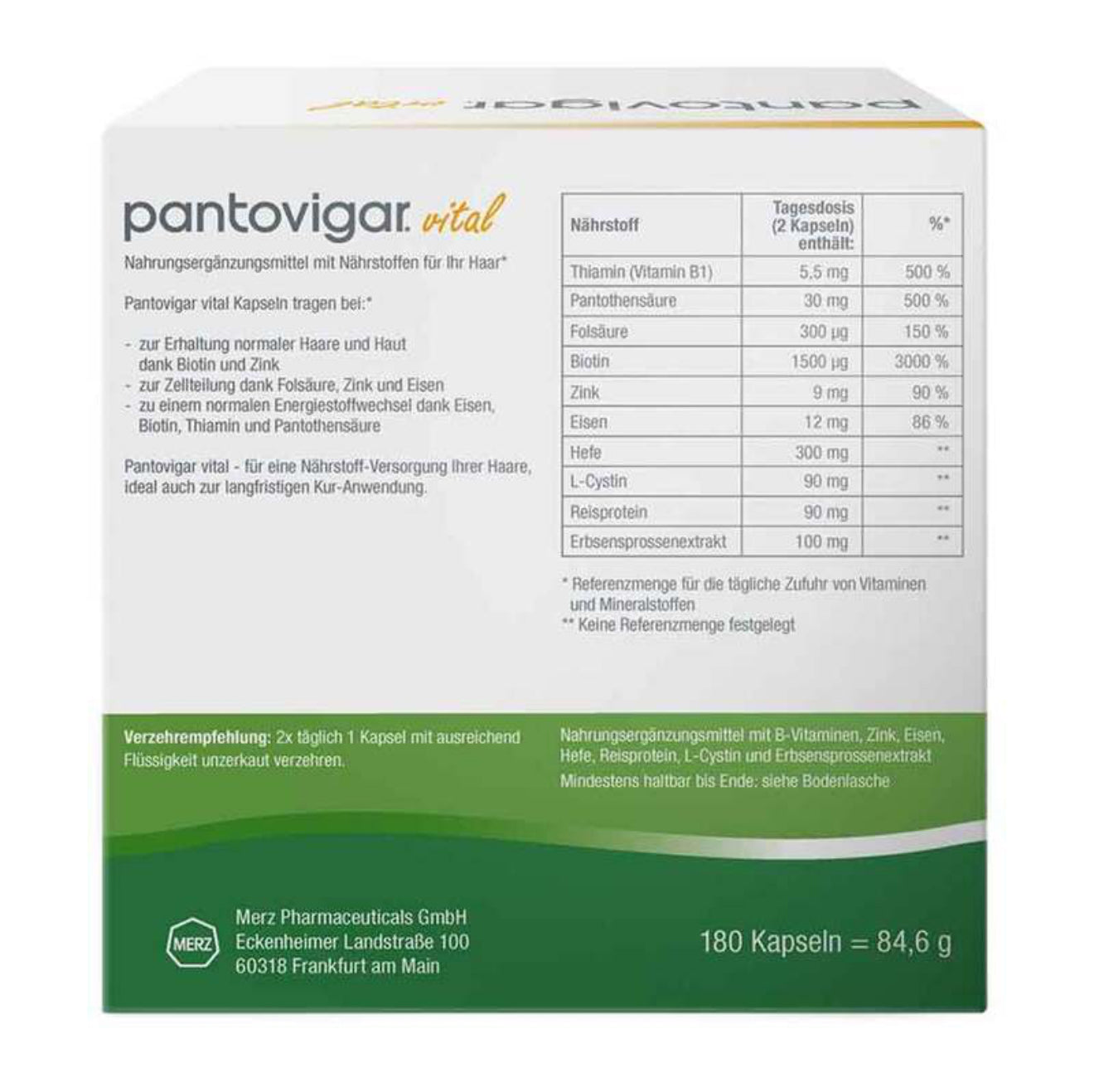 Pantovigar vital Kapseln mit Nährstoffen für Haare, 180 St