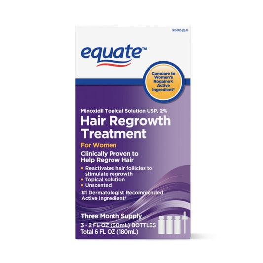 Elevate your beauty routine with Equate Minoxidil 2% für Frauen. This FDA-approved hair growth treatment helps stimulate new growth and reduce hair loss in women. With one bottle and a convenient pipette, achieving fuller, thicker hair has never been easier. Proven results in just weeks.
