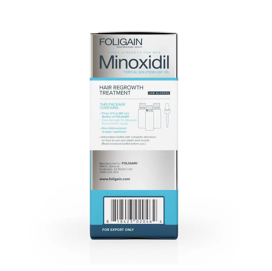 FOLIGAIN Minoxidil 5 % (niedriger Alkoholgehalt) ist ein Set mit 3 Flaschen und einem Original-Tropfer für die effektive Behandlung von Haarausfall. Mit einer Konzentration von 5 % Minoxidil und einem niedrigen Alkoholgehalt sorgt dieses Produkt für eine gezielte Stimulation des Haarwachstums. Wissenschaftlich bewiesen und von Experten empfohlen.
