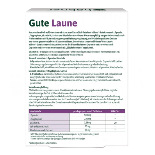 Hübner Gute Laune – Stimmungsaufheller mit L‑Tyrosin, L‑Tryptophan, Vitamin B6, Safran & Rhodiola, 30 Tabletten