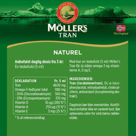 Möller's Tran naturel Omega-3 250 ml ist eine hochwertige Flüssigkeit, die reich an Omega-3-Fettsäuren ist. Mit einem hohen Anteil an EPA und DHA trägt es zu einer normalen Herzfunktion und einem gesunden Gehirn bei. Genießen Sie die Vorteile natürlicher, gesunder Nahrungsergänzungsmittel mit Möller's Tran.