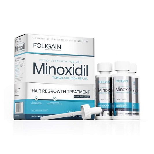 Stärken und verdichten Sie Ihr Haar mit FOLIGAIN Minoxidil 5 % (niedriger Alkoholgehalt). Dieses Set mit 3 Flaschen und einem Original-Tropfer ist ideal für eine langfristige Behandlung. Durch den niedrigen Alkoholgehalt wird das Haarwachstum nicht beeinträchtigt. Klinische Studien zeigen eine wirksame Regeneration bei 5 % Konzentration.