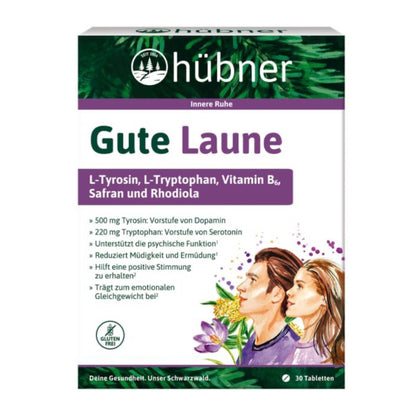 Hübner Gute Laune – Stimmungsaufheller mit L‑Tyrosin, L‑Tryptophan, Vitamin B6, Safran & Rhodiola, 30 Tabletten