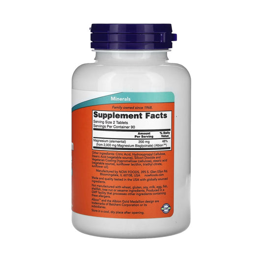 NOW Foods Magnesium Bisglycinat 200 mg Nahrungsergänzung für Muskeln Nerven und Energie