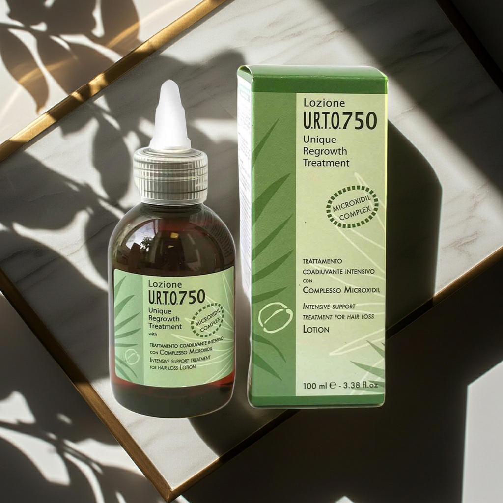 URTO 750 Microxidil Optima Haarpflege Set bestehend aus Flasche und Verpackung zur Stärkung der Haarfollikel und Förderung des Haarwachstums