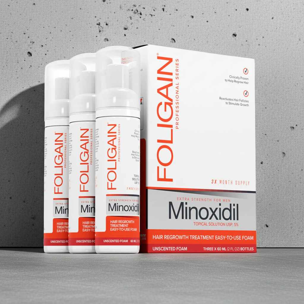 FOLIGAIN Minoxidil 5% Foam Haarwuchs-Schaum für Männer, (Set mit 3x60g Bottles), 3 Bottles reichen für 3 Monate
