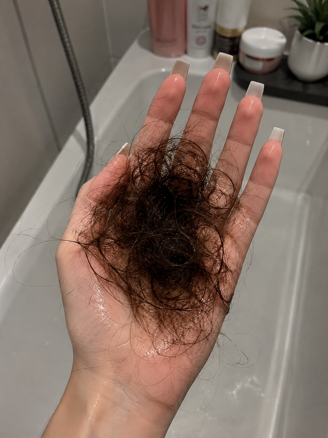 Starker Haarausfall nach dem Haarewaschen mit ausgefallenen Haarbüscheln in der Hand